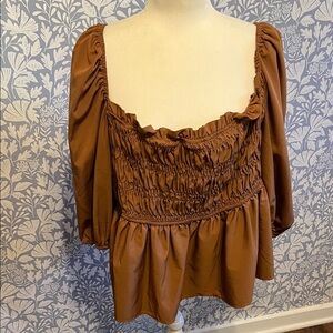 Square Neck Ruched Brown Women's Top